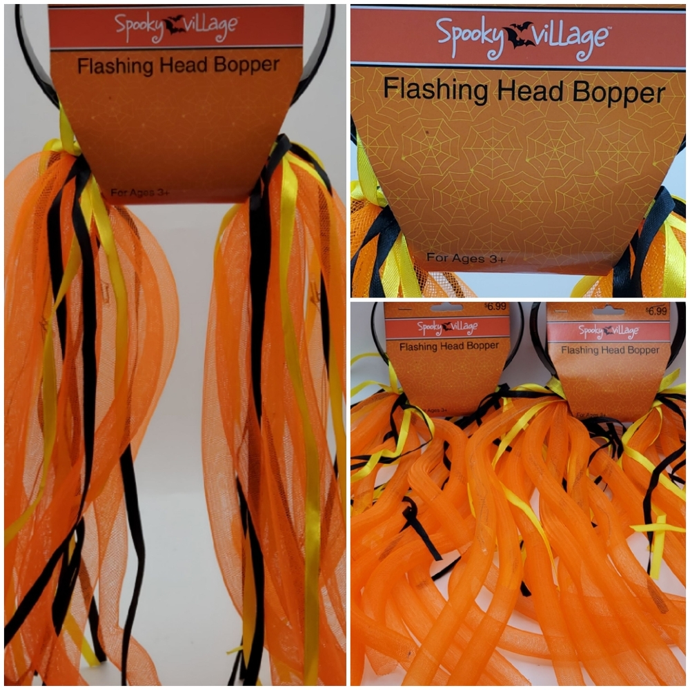 Set Of 2 Halloween Flashing Head Boppers Spooky Village New Orange Black Yellow
